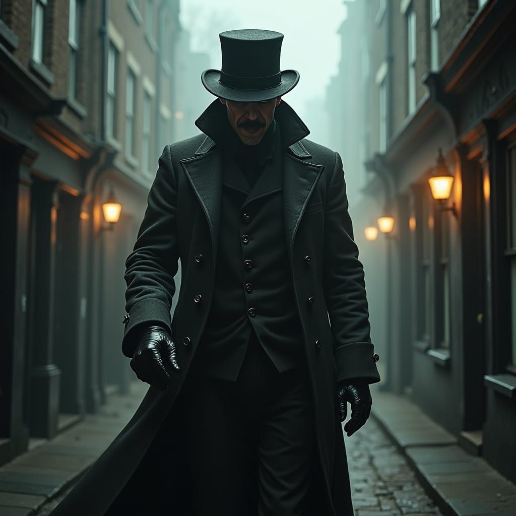 Menacing Figure in Gaslit Alley: Sepia-Toned Victorian Horro...