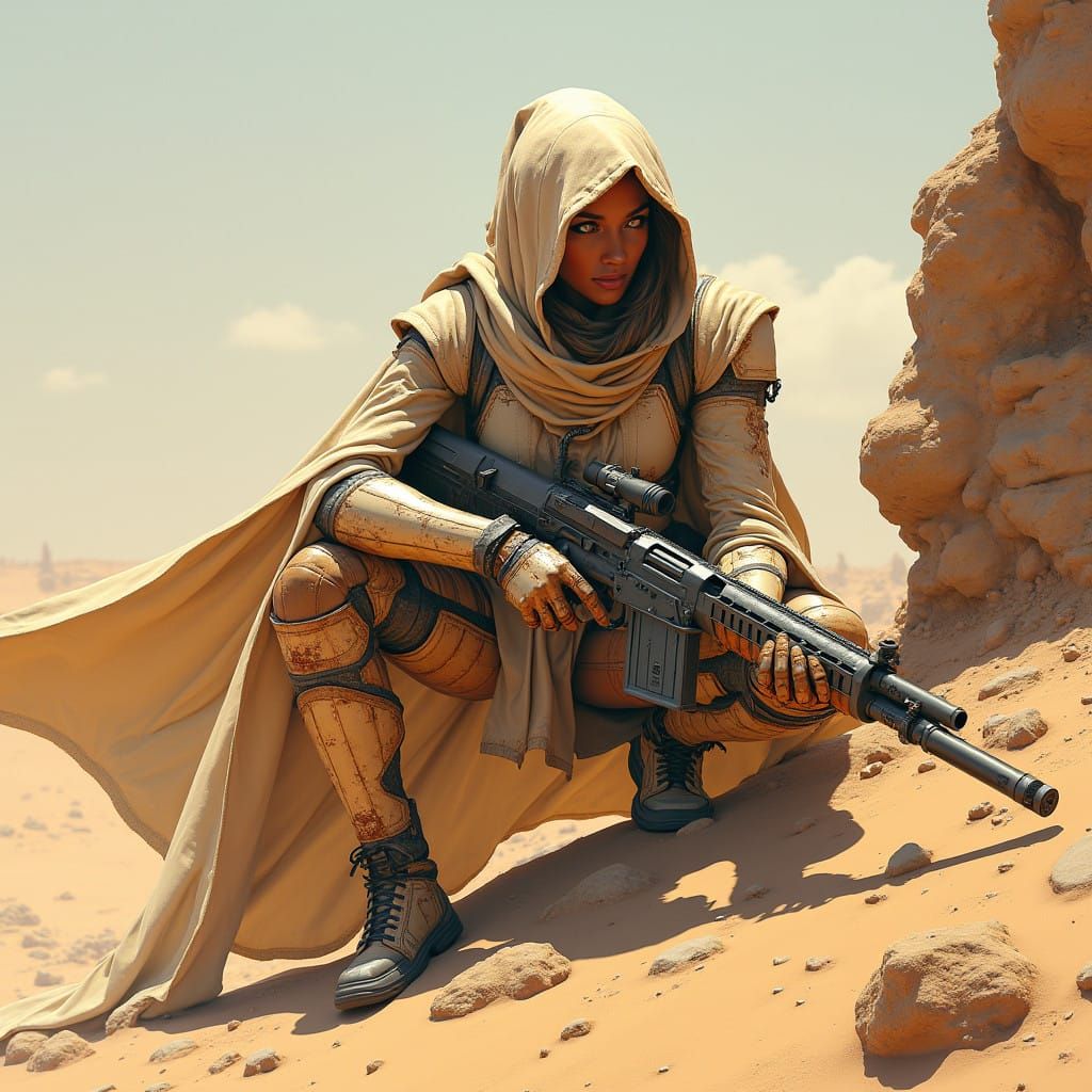 Gritty Desert Warrior in Cybernetic Armor