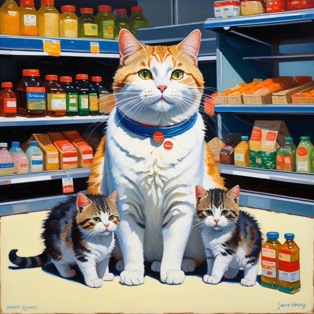 Mother Cat and Kittens at the Supermarket: Oil Painting