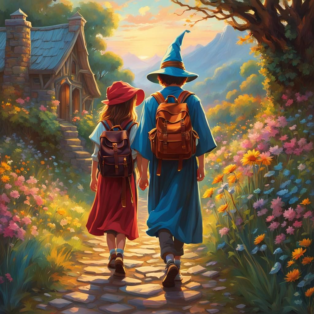 Magical Siblings Journey in Waterhouse Anime Style