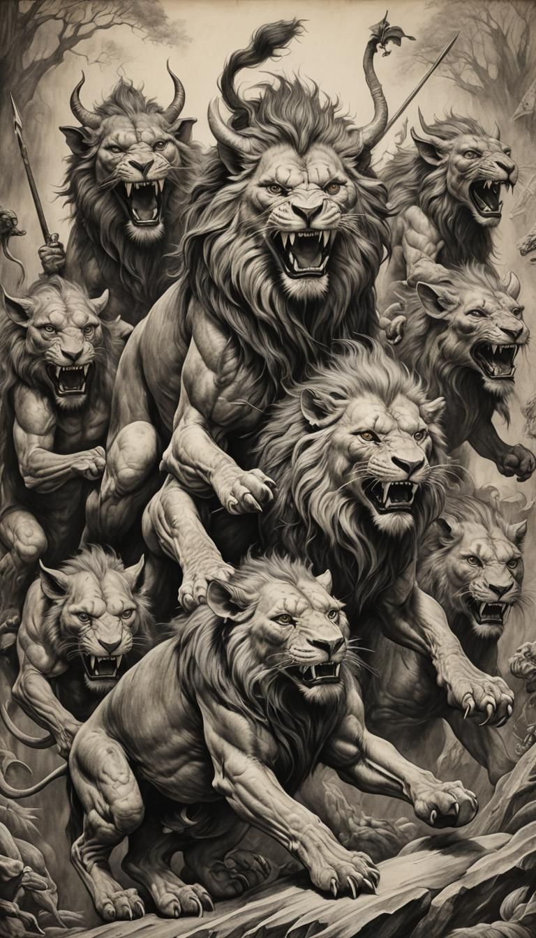 Goblin Riders on Lions: Hyperdetailed Charcoal Drawing
