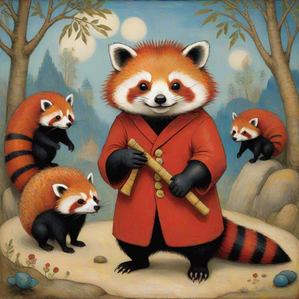 Ancient Hedgehog as a Red Panda in Ensor and Pirosmani Style
