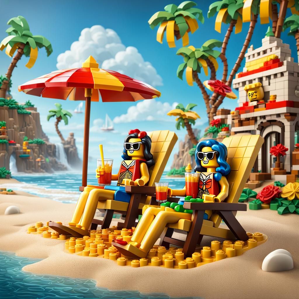 Lego Couple Enjoying Beach Vacation in Candy Art