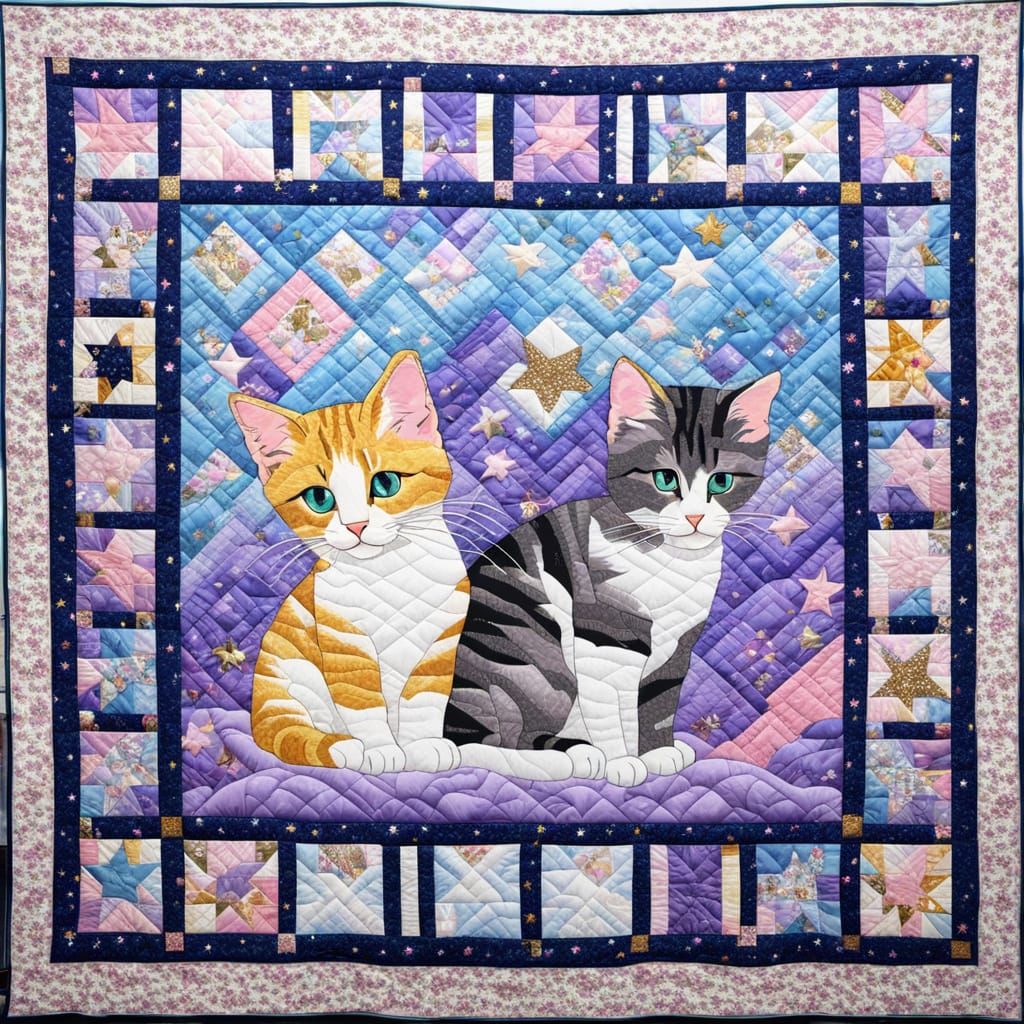 Vibrant 80s Quilt of Kittens in a Sparkling Florida Wonderla...