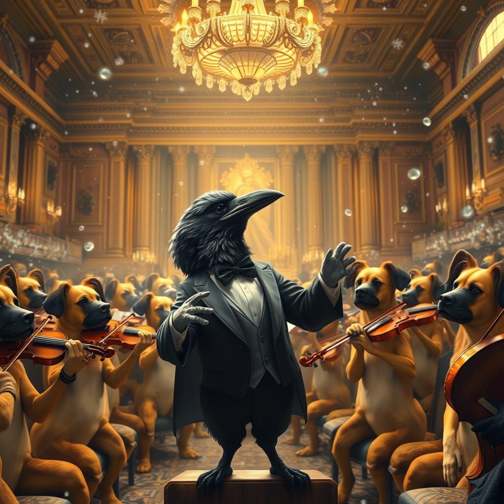 Crow Conducts Dog Orchestra in Winter Blizzard