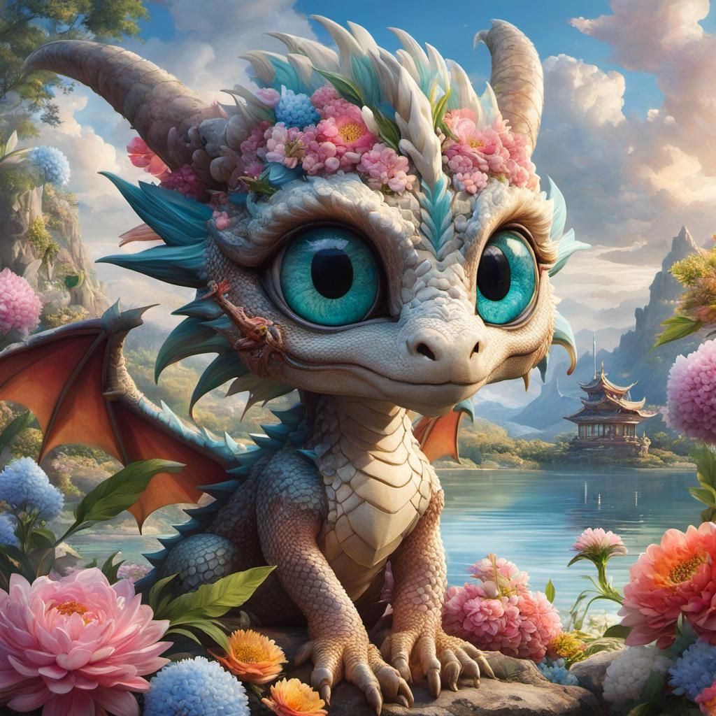 Adorable Dragon Portrait Beside Flower Lake: Anime Style