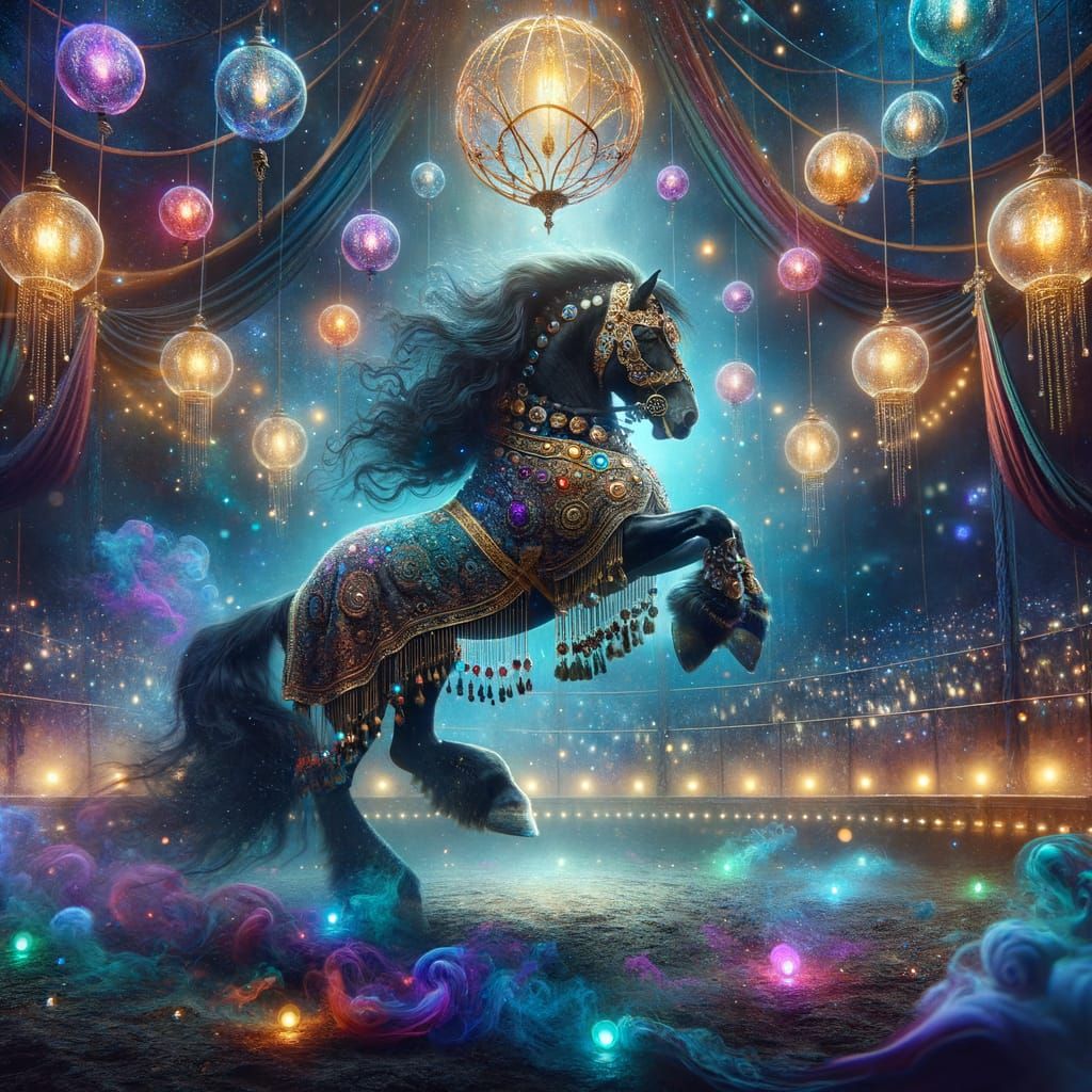 Majestic Black Horse in Dreamlike Circus Arena