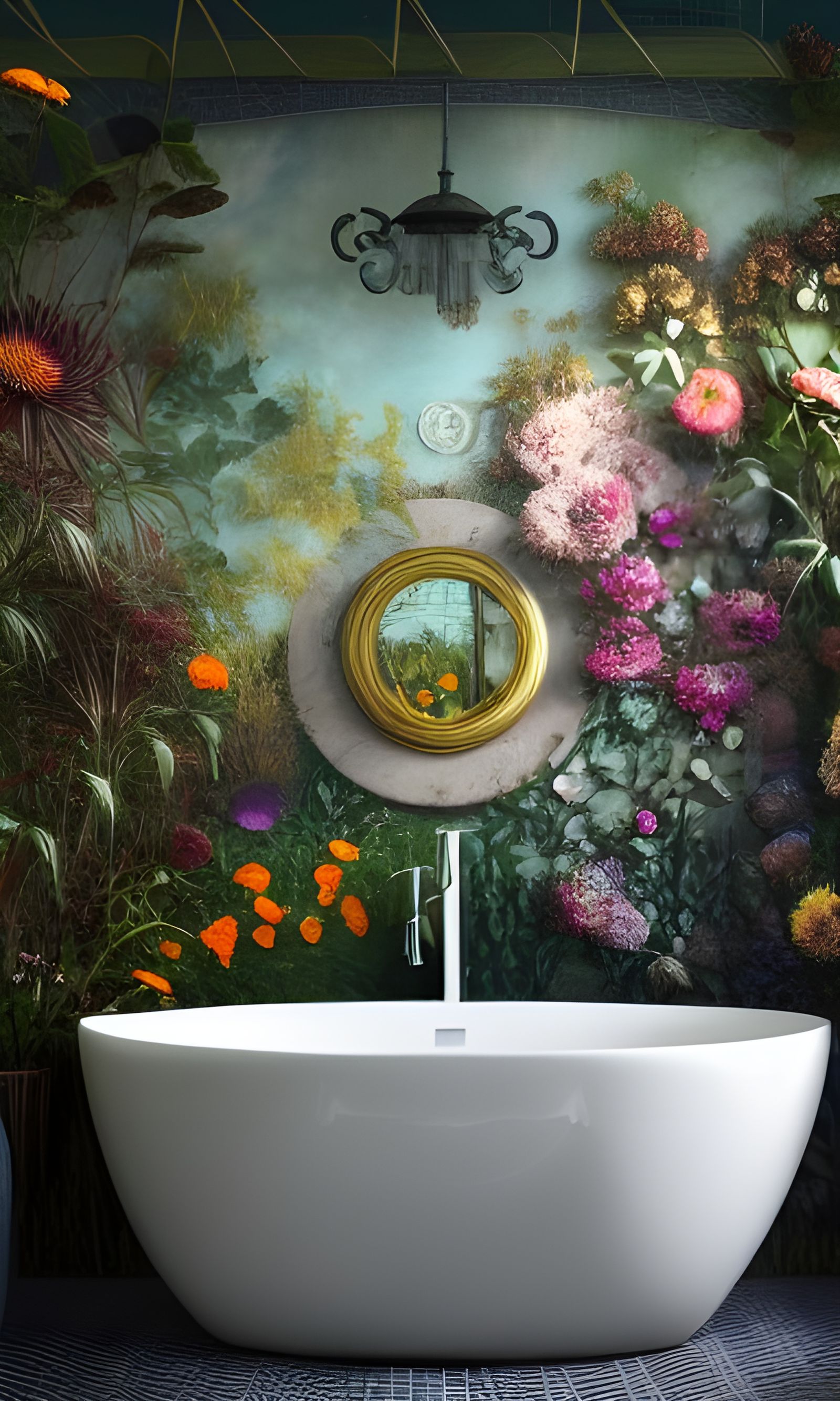 Luxury Mansion Bathroom with Floral Mural in VRay