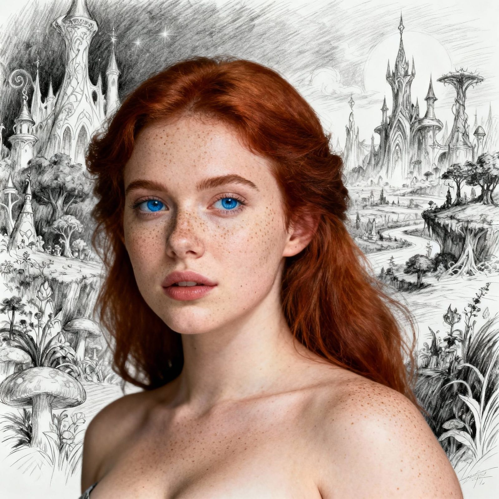 Redhead Woman in Fantasy World Pencil Drawing