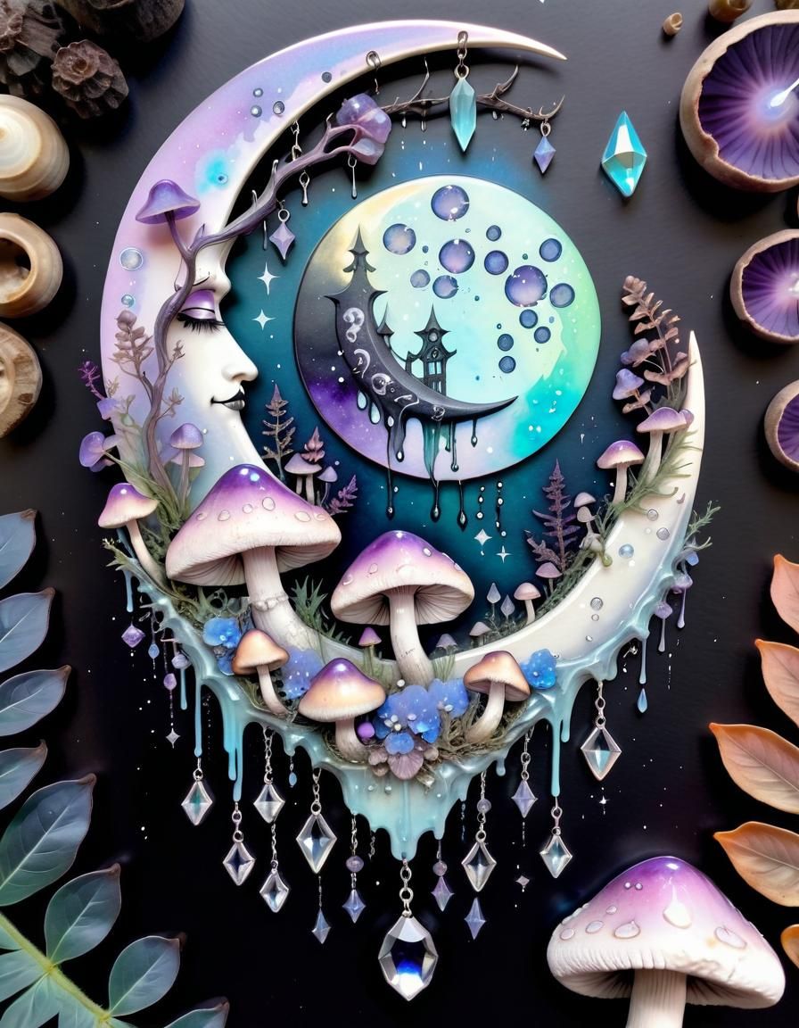 Crescent Moon with Crystals and Mushrooms in Pastel Goth