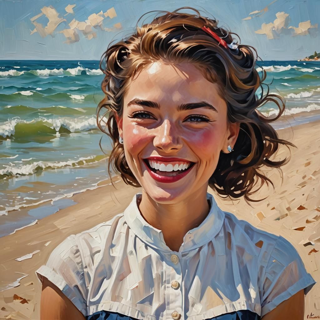 Colorful 50s Girl Laughing: Impasto Painting
