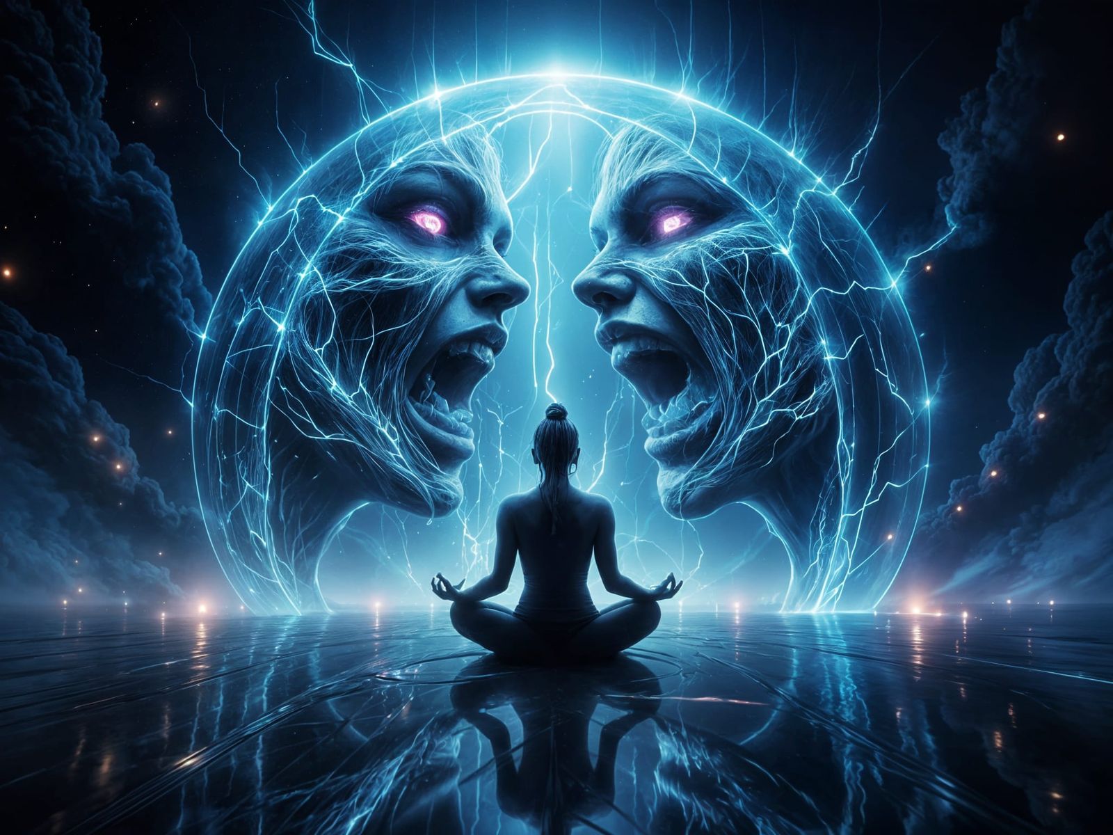 Serene Figure Meditating Inside Vibrant Sound Wave Dome