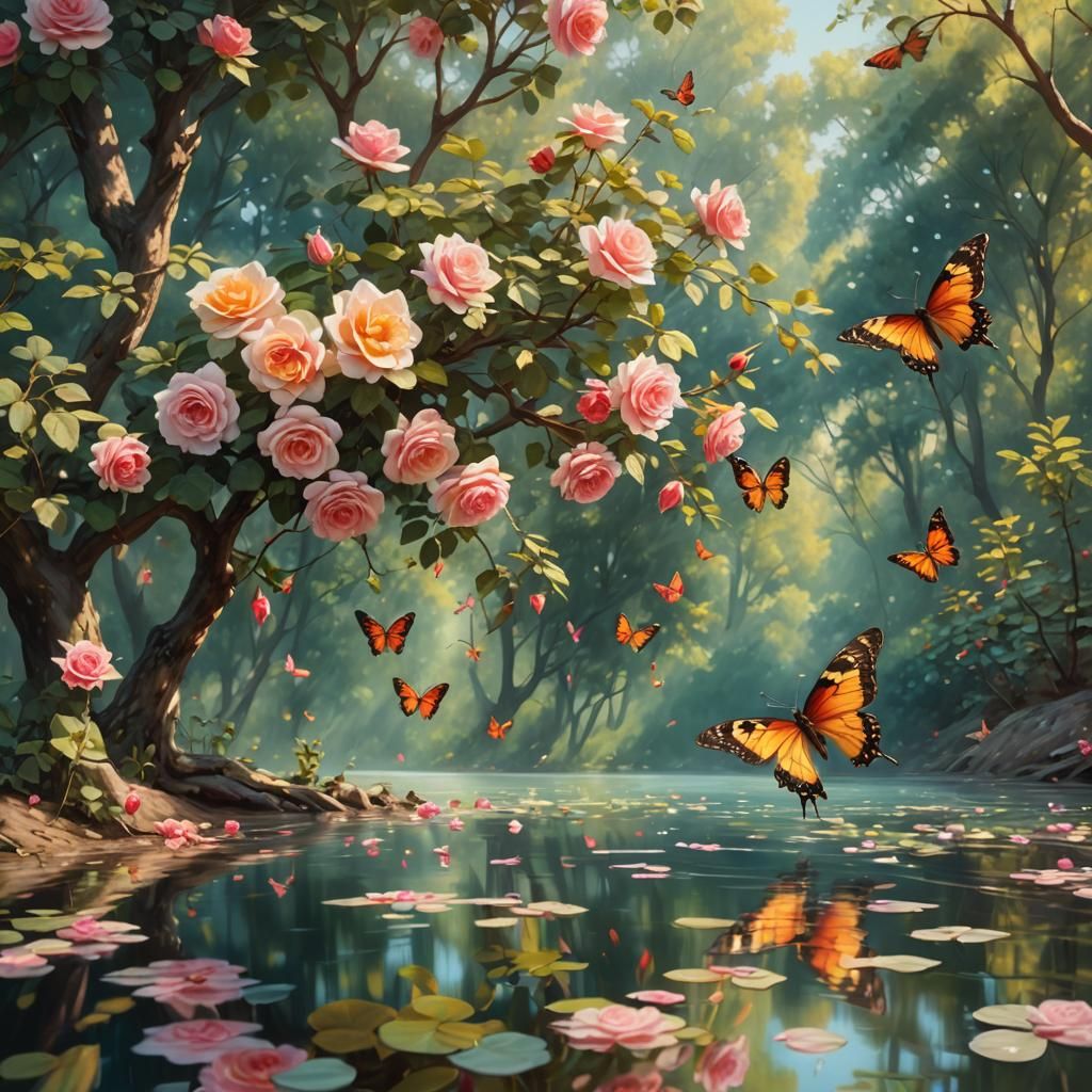 Butterfly and Roses in Dreamy Impressionist Landscape