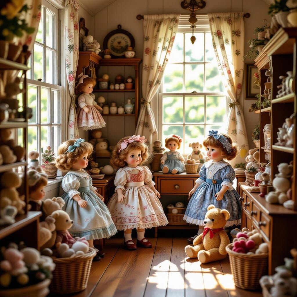 Vintage Toy Shop with Dolls in Storybook Style
