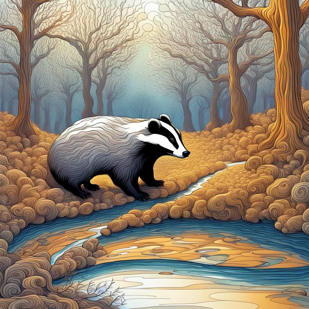 Badger Walking by Stream in Winter Sunlight
