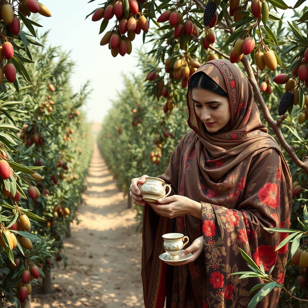 Iranian Couple on Date Farm, Inspired by Persian Art