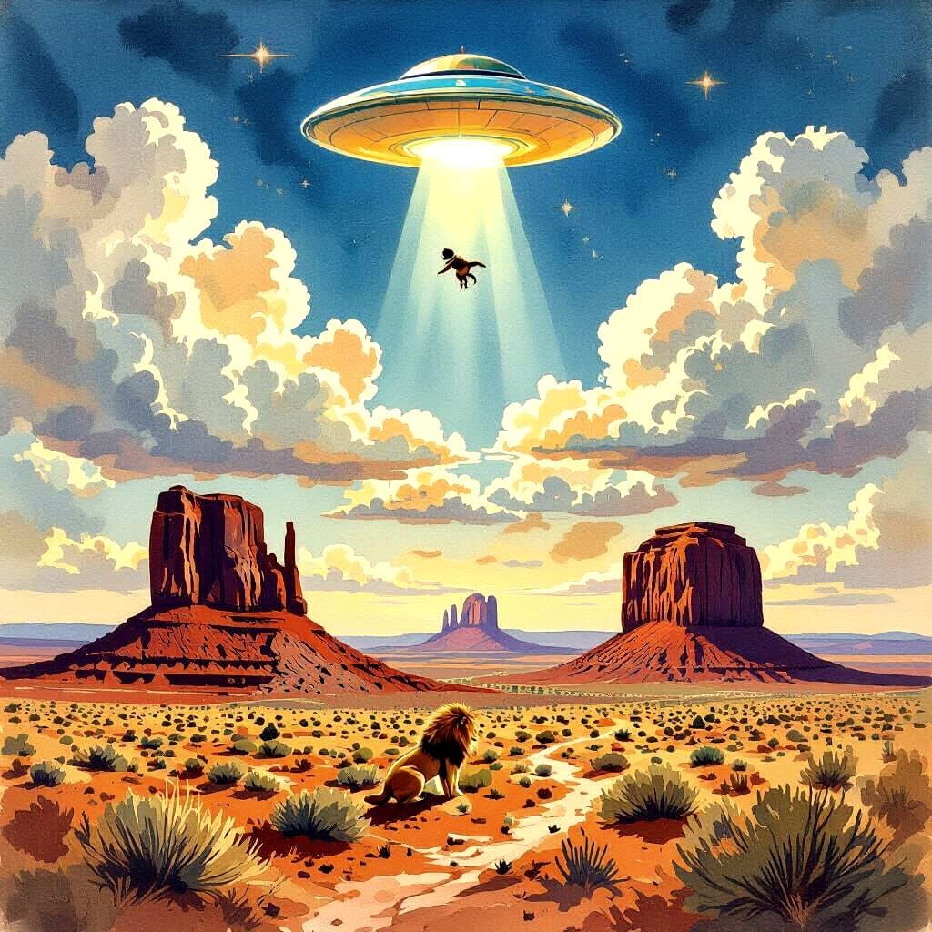 Aliens Abduct Lion at Mittens Buttes as Surrealist Art