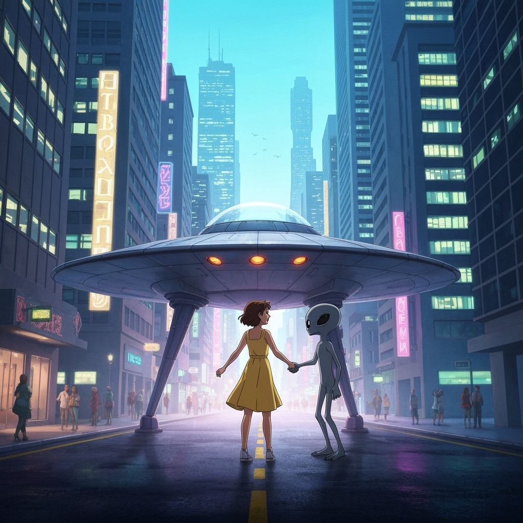 Girl Meets Alien in Futuristic Cityscape