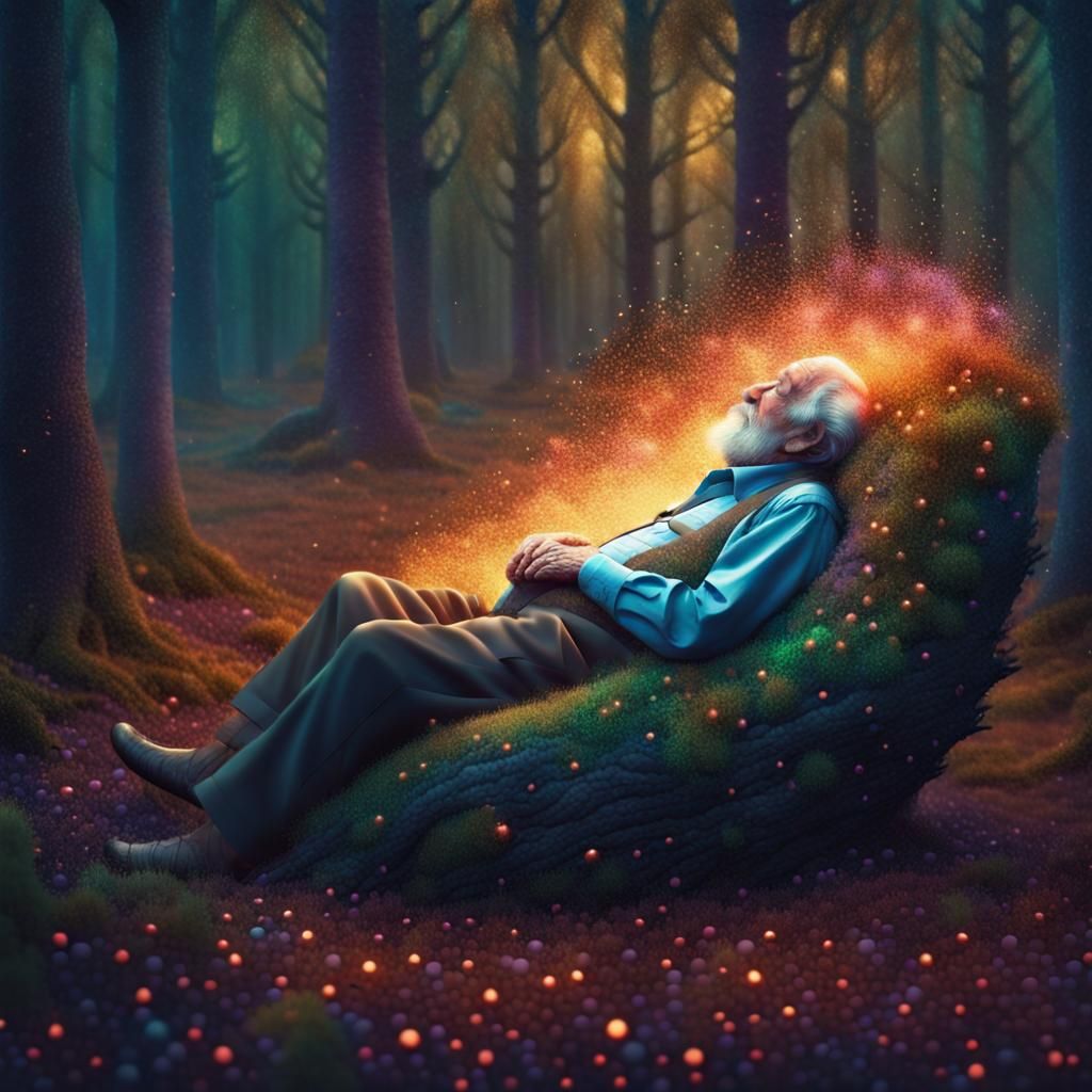 Forest Hands Protect Sleeping Man: Pointillist Surrealism