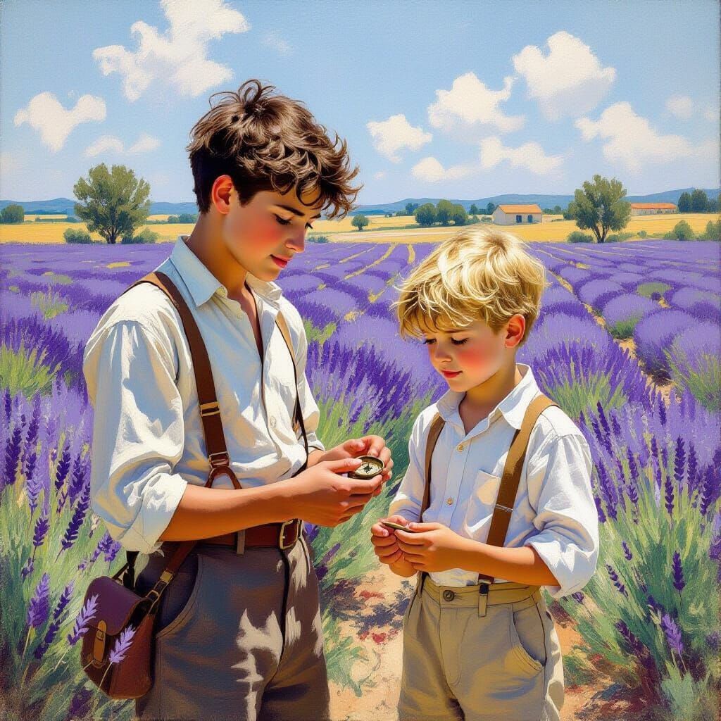 Brothers in Lavender Field, Impressionist Style