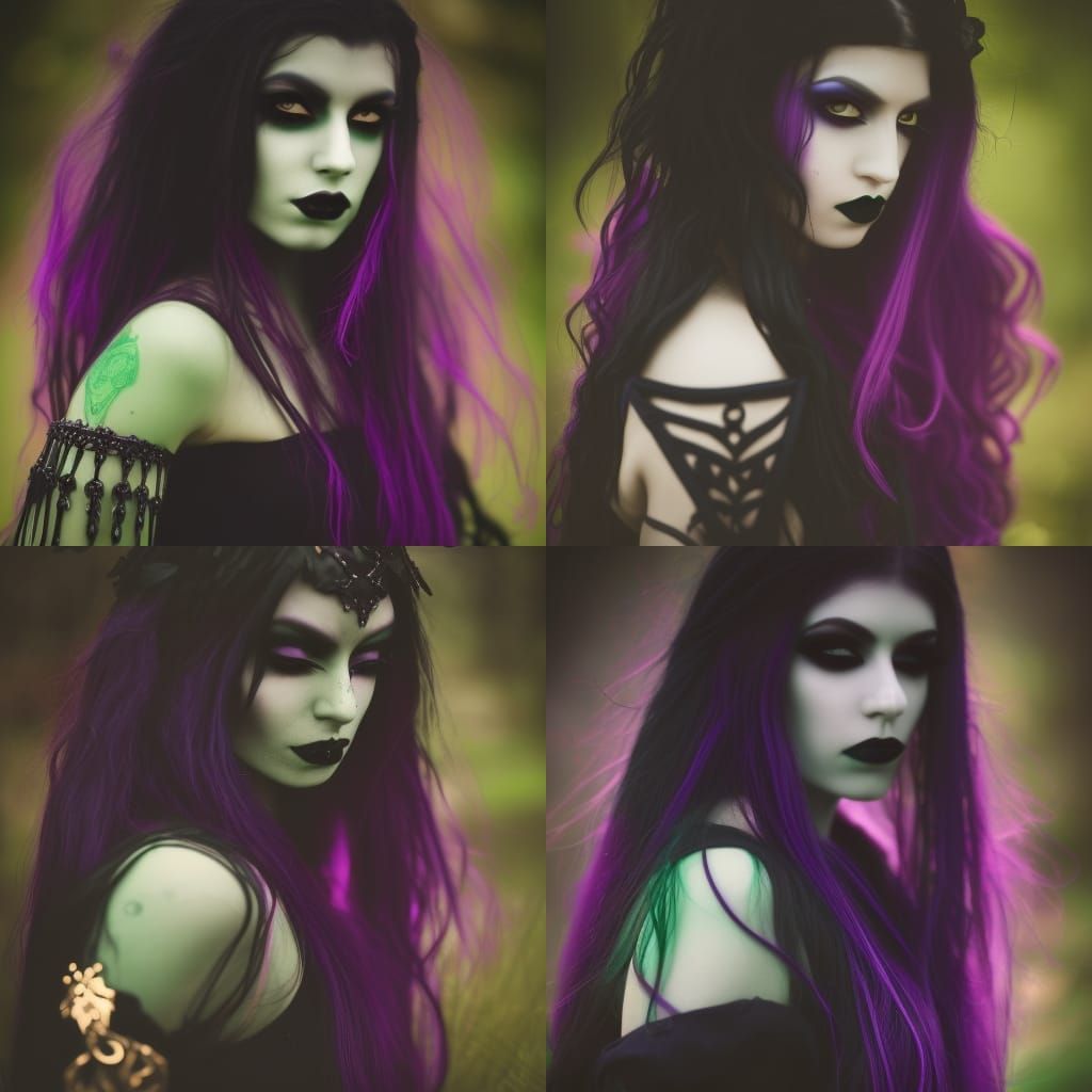 Ethereal Dark Elf with beautiful long black hair & dark purple skin& green eyes& black eyeshadow & black lipstick & goth...