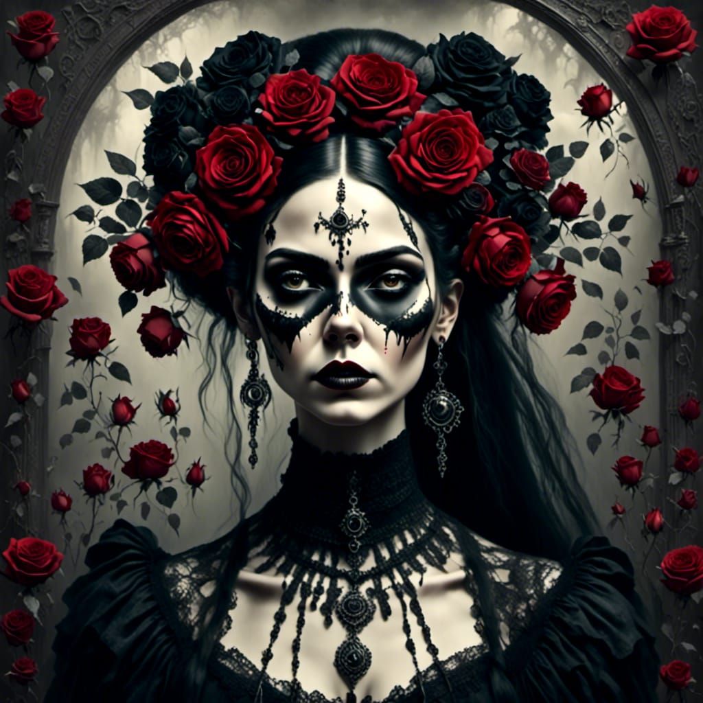 Gothic Frida Kahlo Portrait in Tim Burton Style