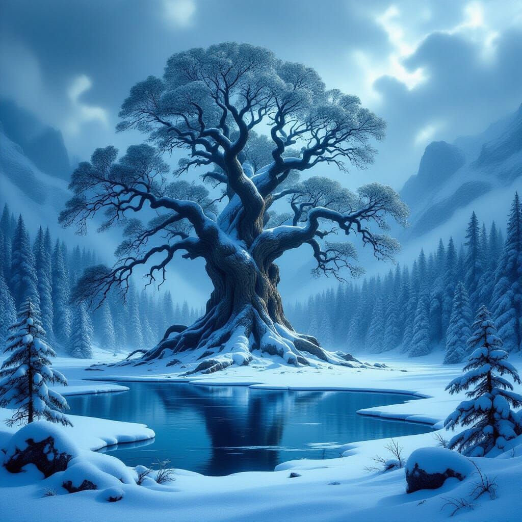 Ancient Tree in Snowy Forest Beside Frozen Lake