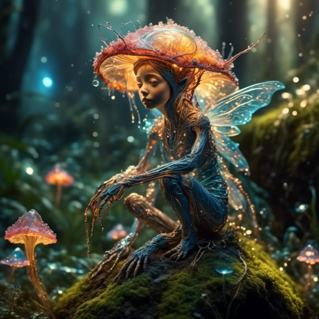 Bioluminescent Fairy on Mushroom: Macro Photography