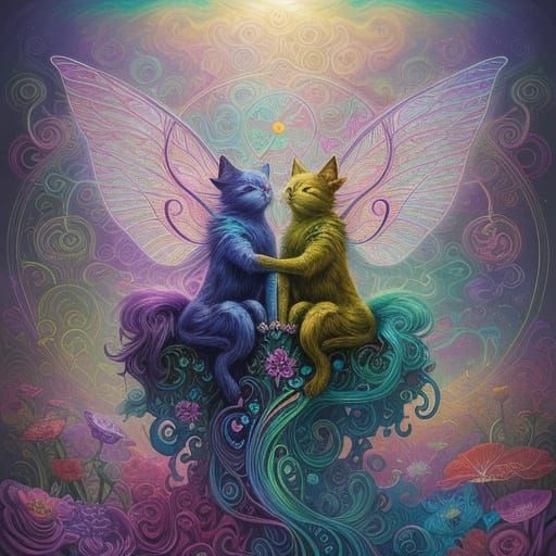 Whimsical Felines Pursue Radiant Fairies in Vibrant Dreamsca...