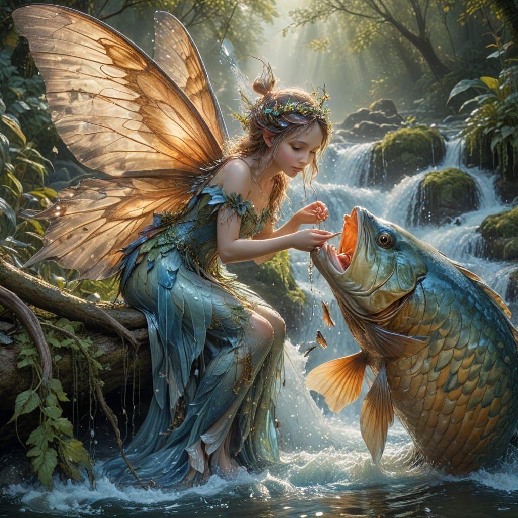 Winged Fairy Feeds Majestic Fish in Serene Stream