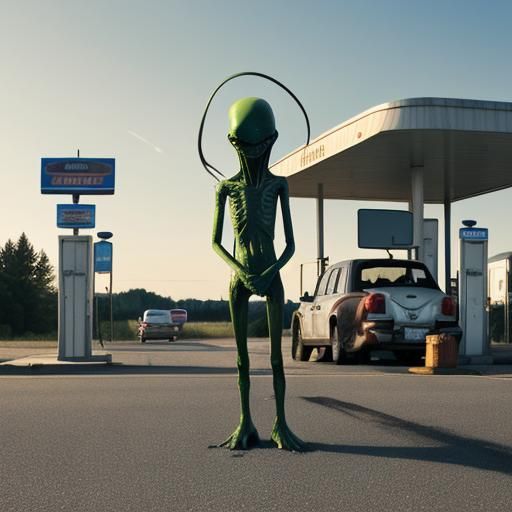 Alien Hitchhiker at Small Town Gas Station