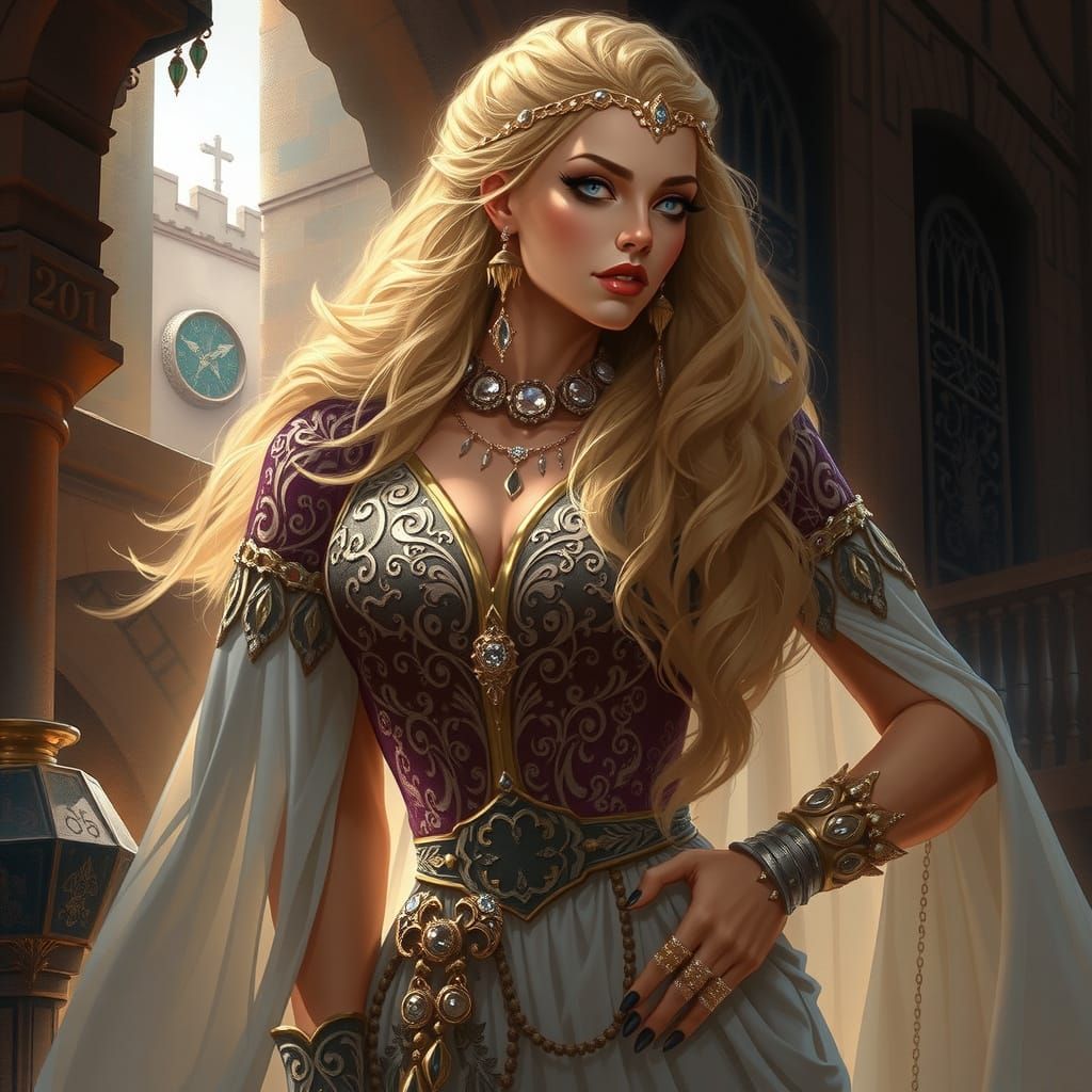 Regal Fantasy Queen in Opulent Elmore-Style Gown