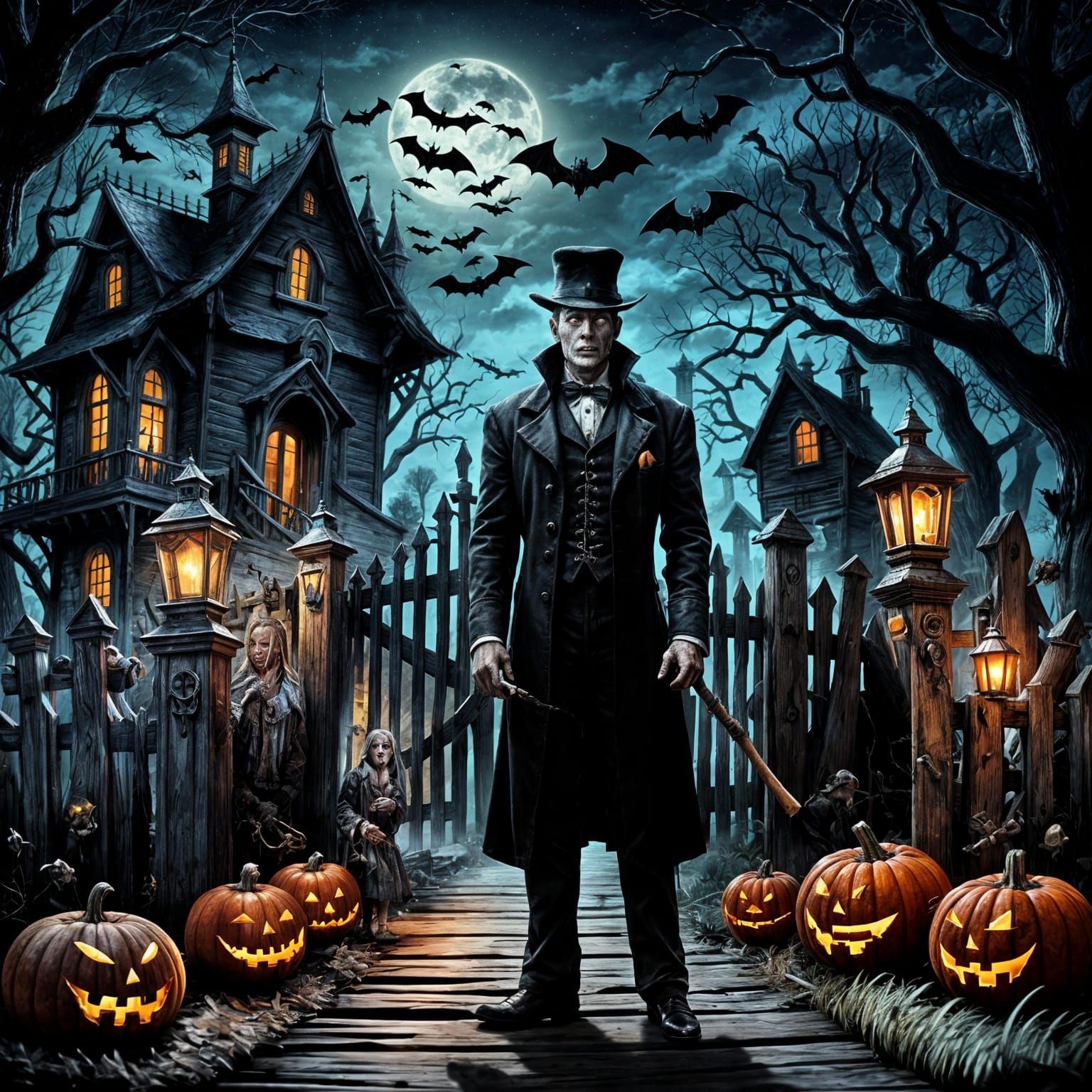 Creepy Haunted House with Zombies and Witch