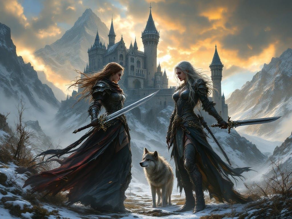 Gothic Warrior Women Stand Guard Before Castle in Snowy Moun...