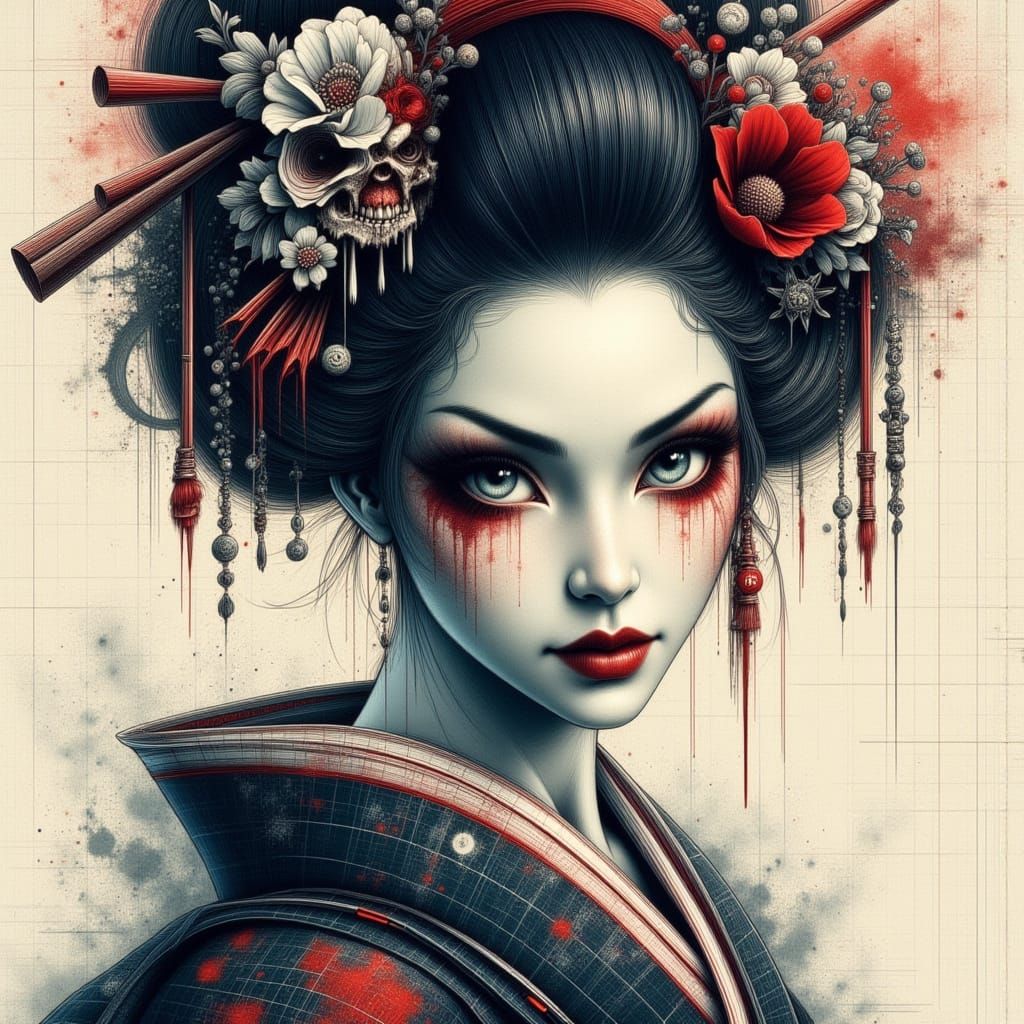 Geisha Portrait in Rough Schematic Style