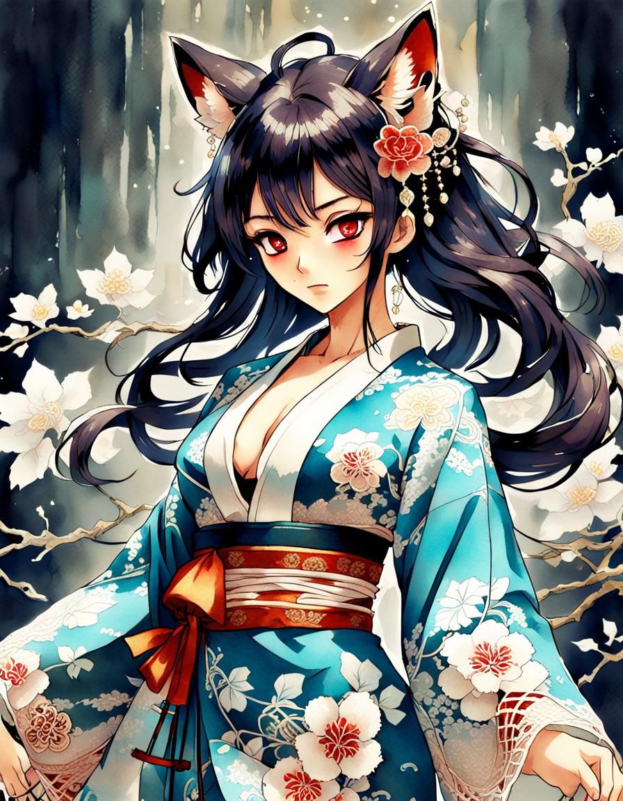 <lora:RomanticWatercolor:1.0> japanese girl in traditional l...