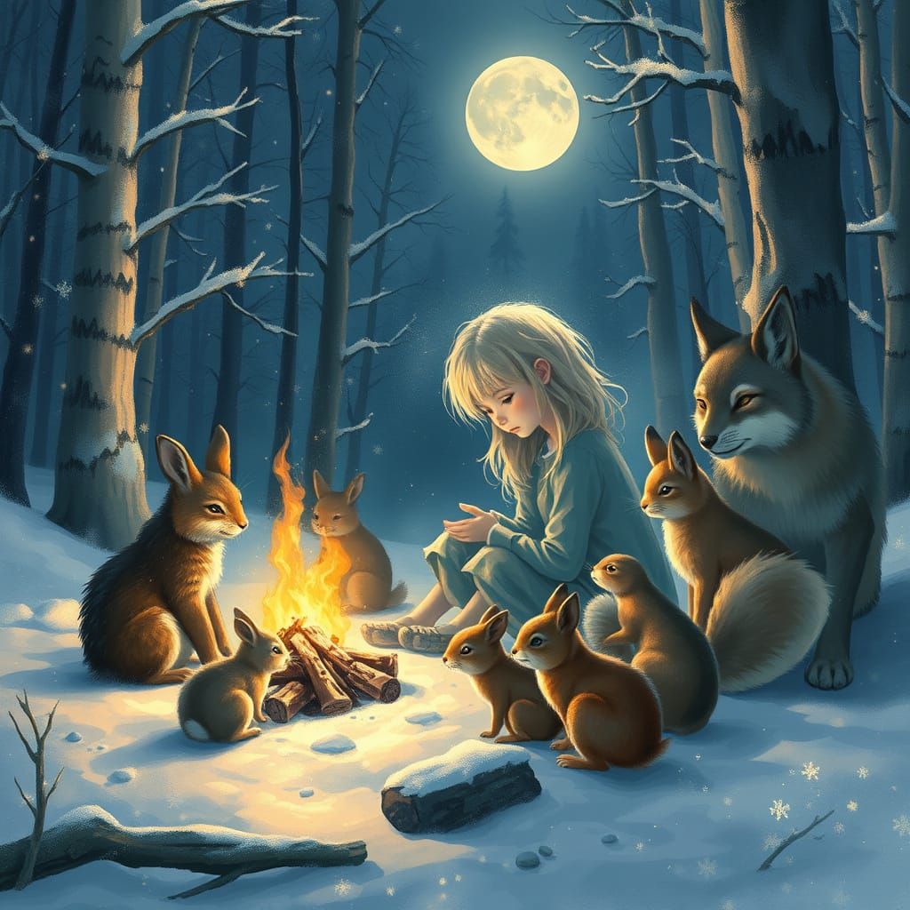 Ethereal Girl's Soul Finds Warmth in Snowy Forest