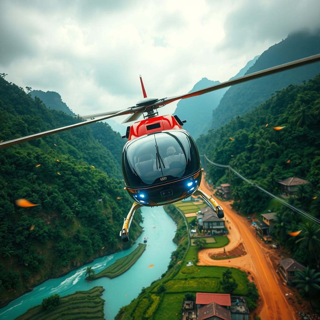 Futuristic Bell 206 Helicopter Over Tropical Village