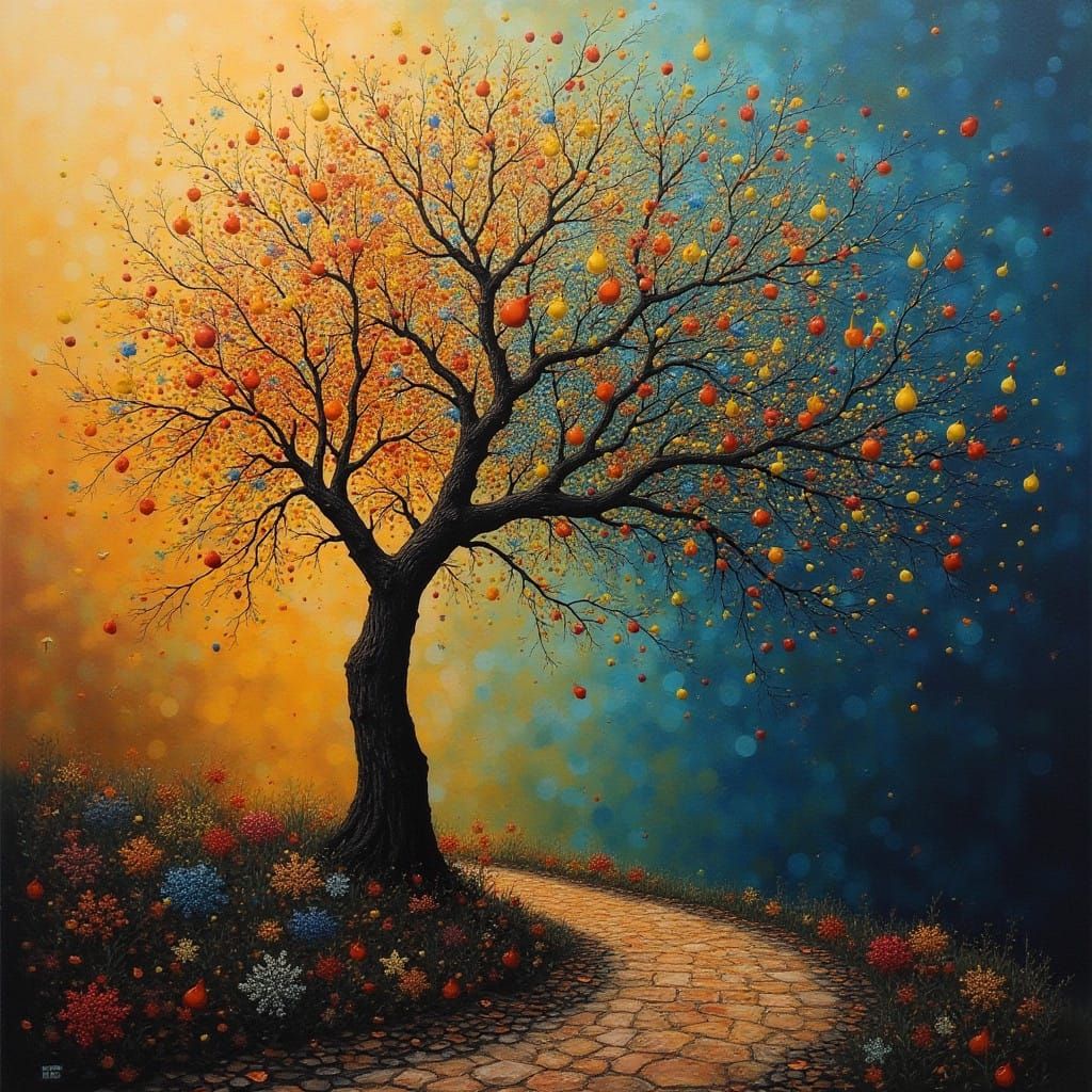 Vibrant Impasto Masterpiece in a Pear Tree Amidst Lush Bloom...