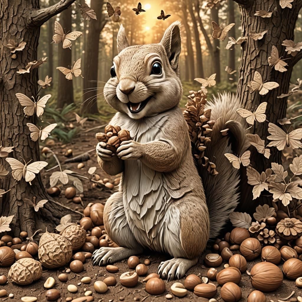 Detailed Squirrel Smiling in Forest at Sunset