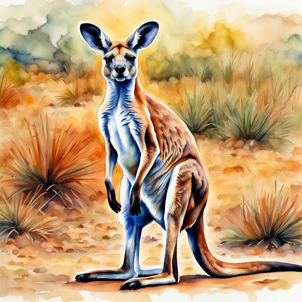 Majestic Kangaroo in Wild, Watercolor Masterpiece