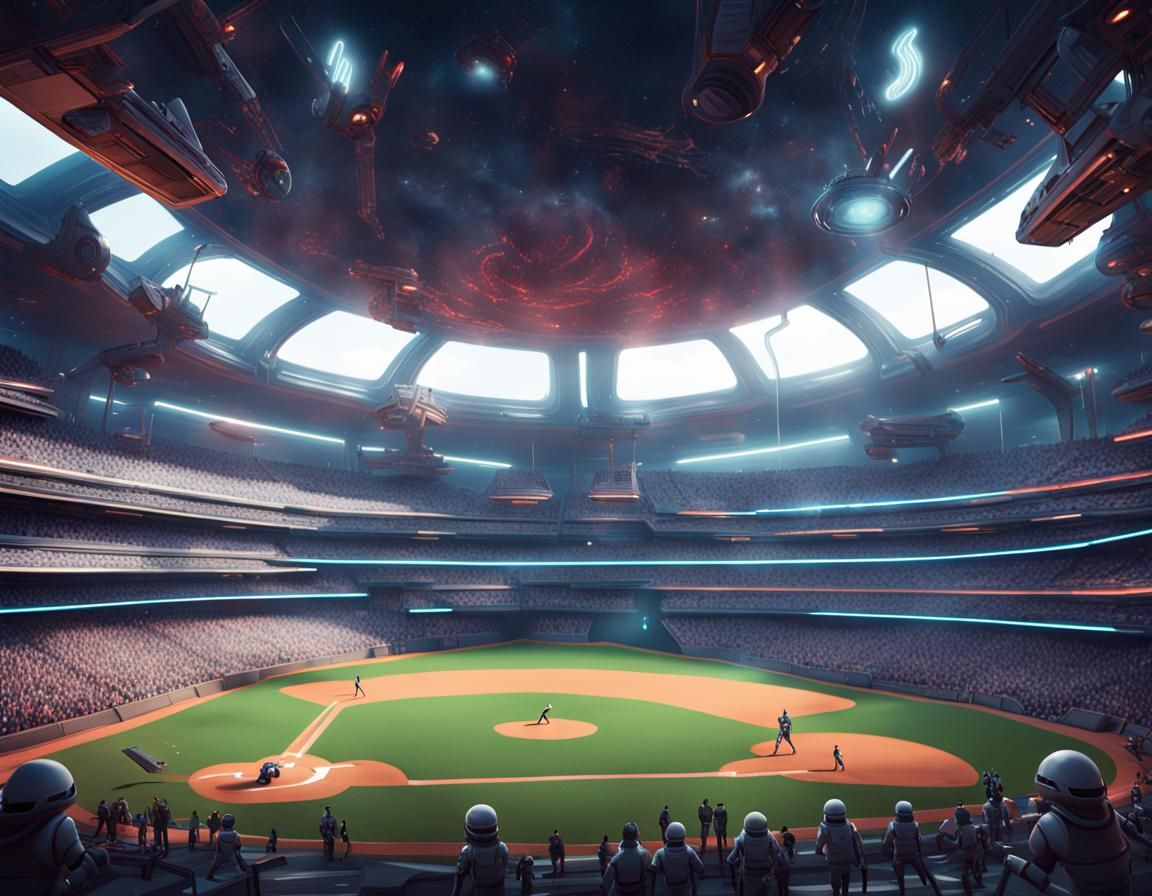 Intergalactic Baseball Game in Futuristic Stadium