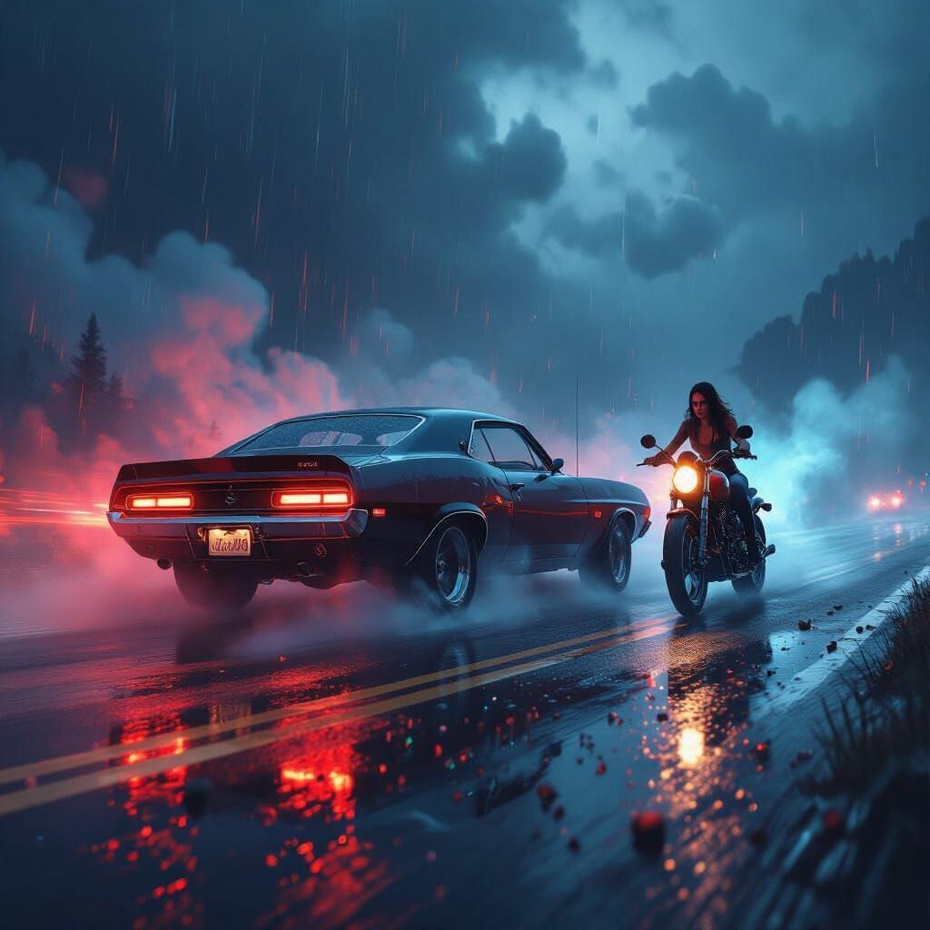 Muscle Car and Motorbike in Dreamlike Matte Painting