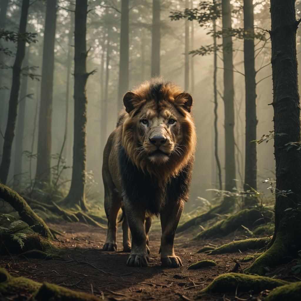 Mythical Pig-Lion Hybrid in Misty German Forest