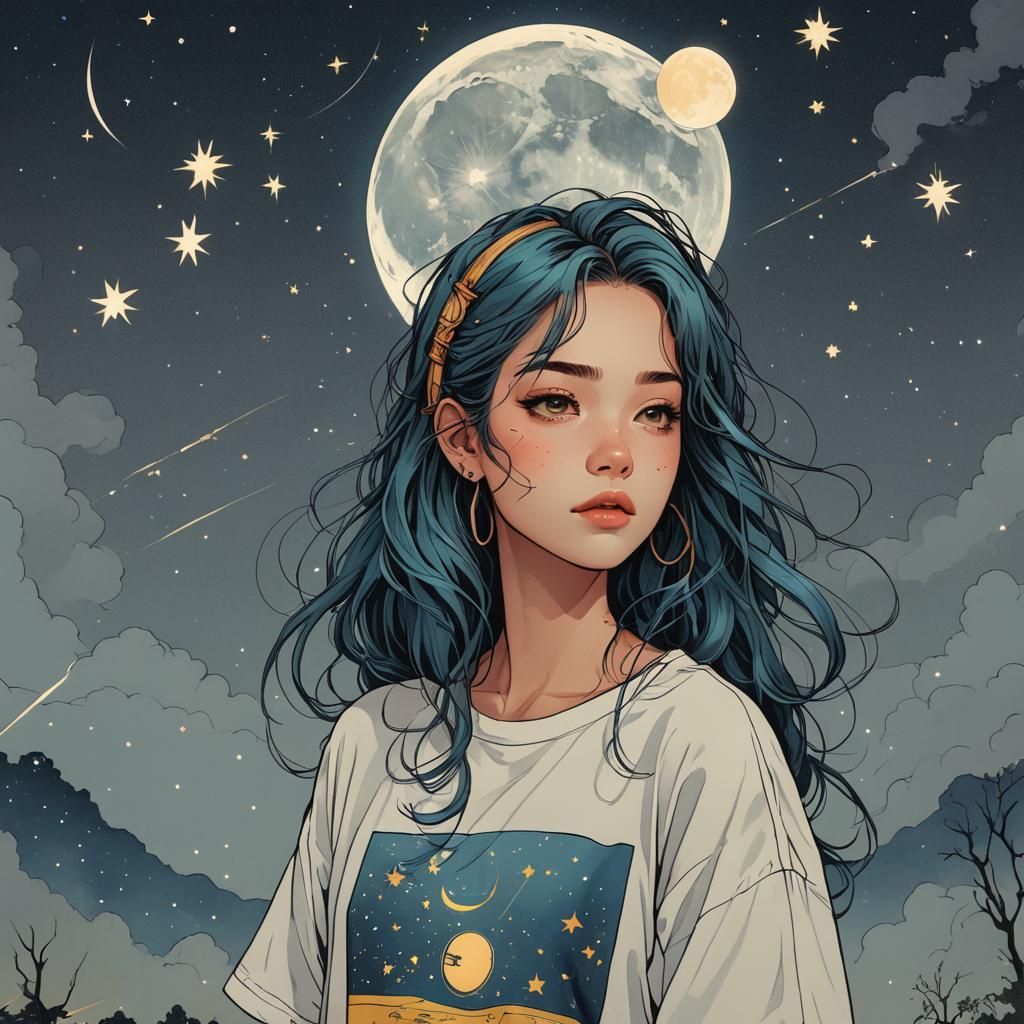 Estilo de Ilustração lo-fi, garota cabelos amarrados, roupas...