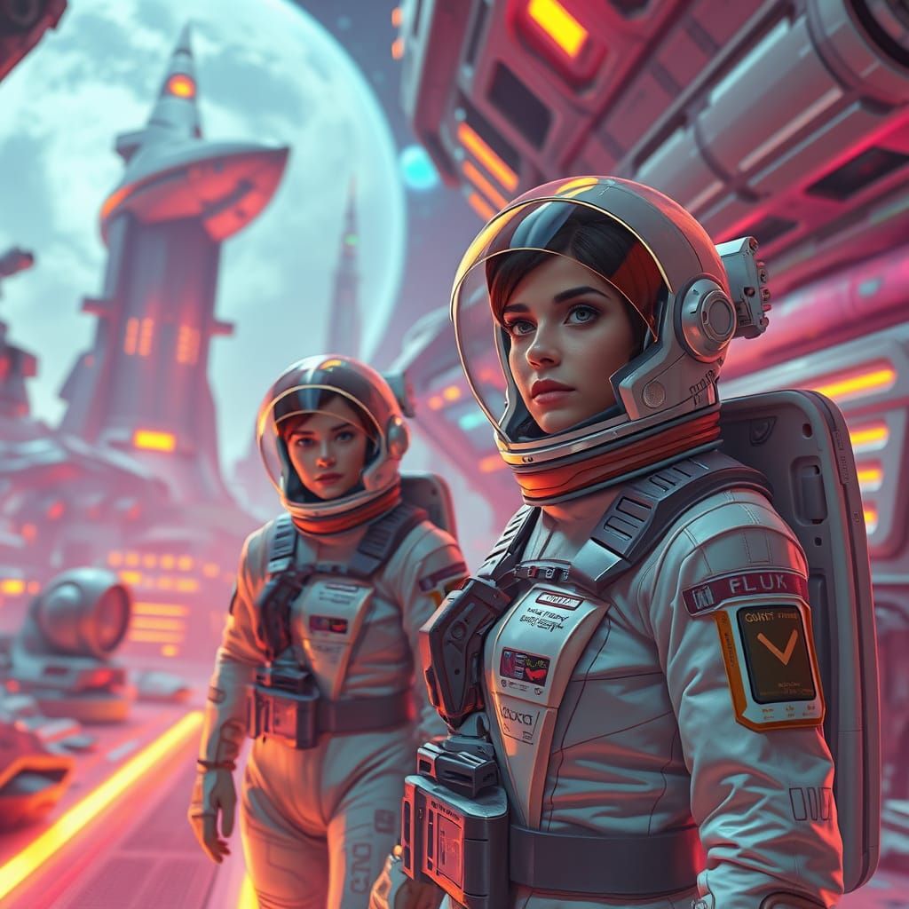 Astronauts at Neon Space Port with Alien Artifacts