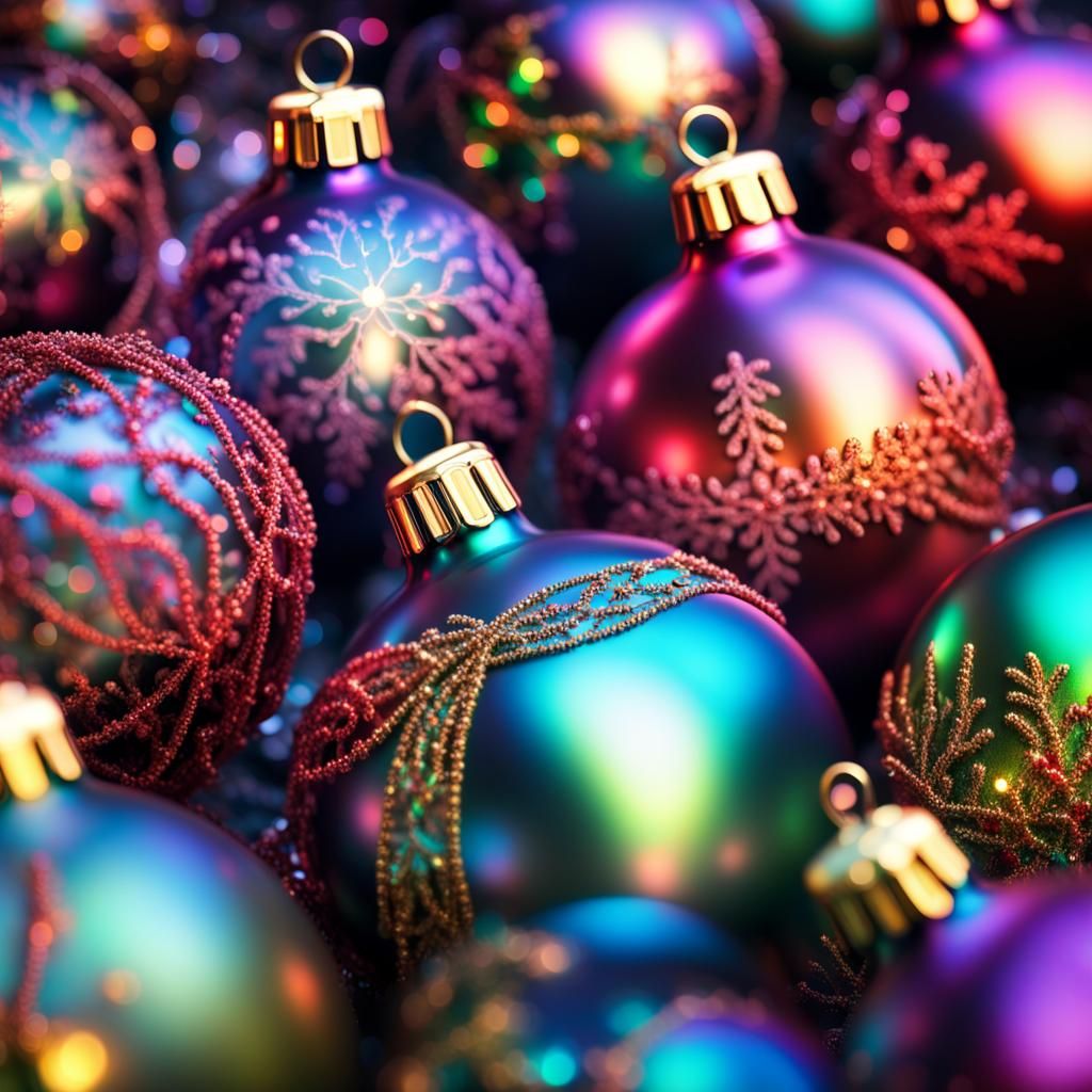 Holographic Christmas Baubles in Hyperrealistic Style