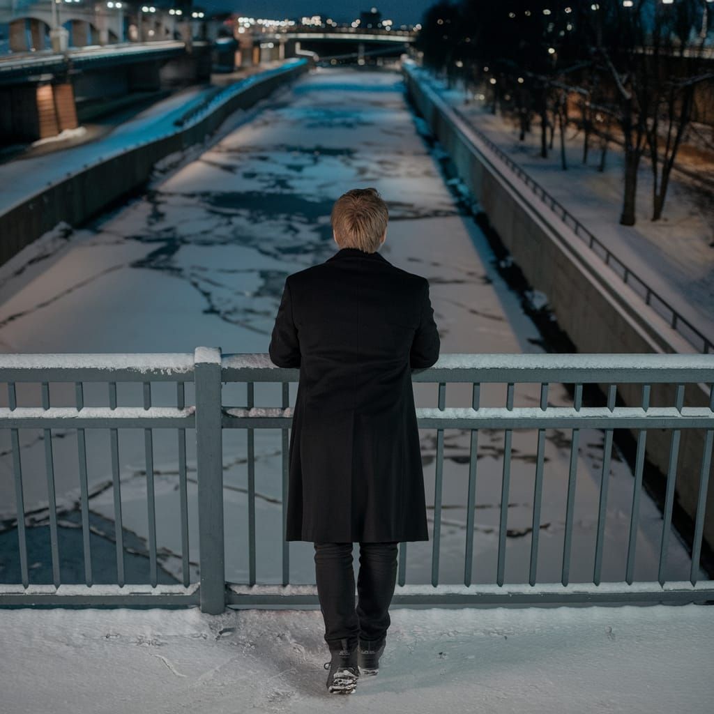Melancholy Man Leaning on Bridge Rail in Winter