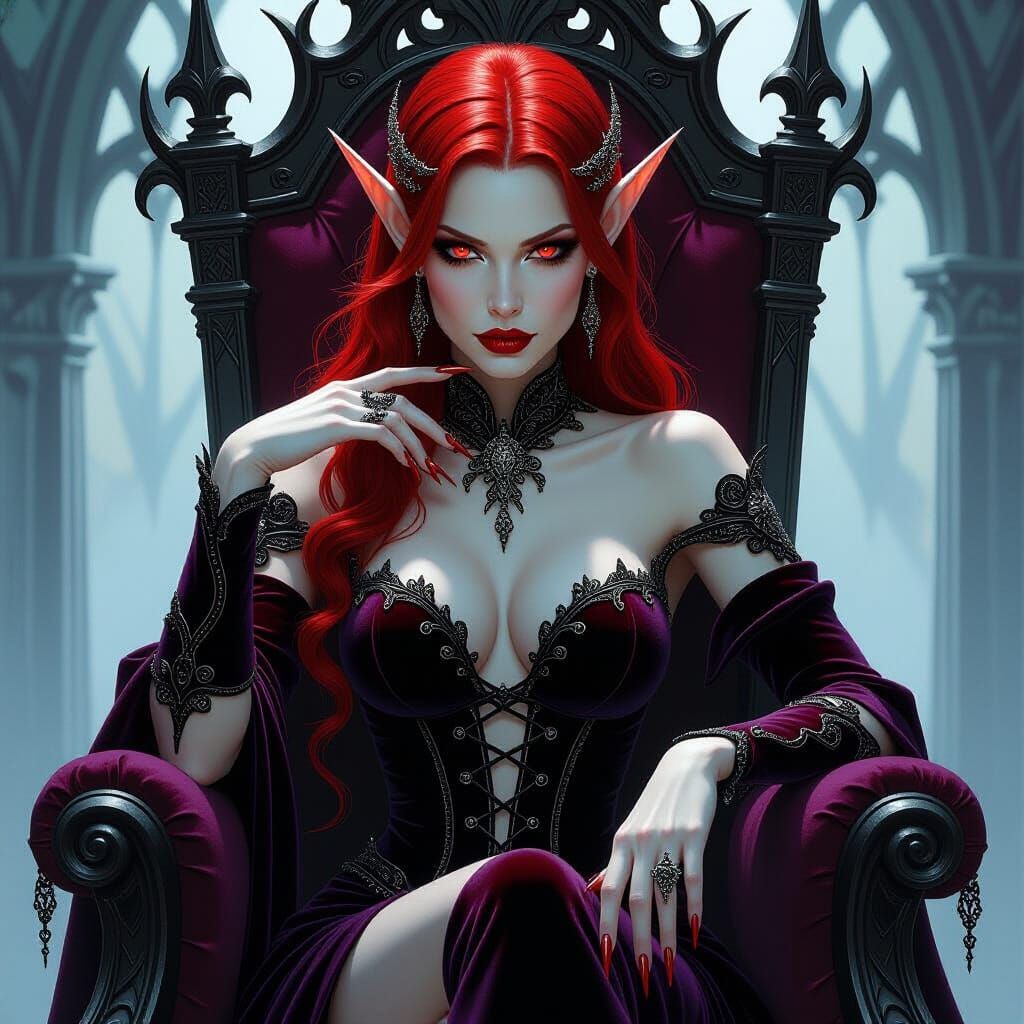 Elegant Dark Elf on Gothic Throne in Dark Fantasy Style