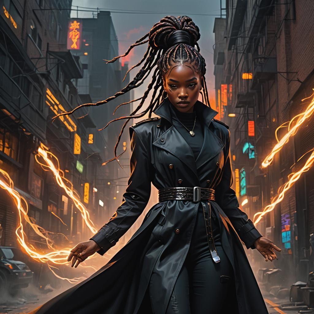 Cyber Ninja Woman with Braids in Dramatic Lighting